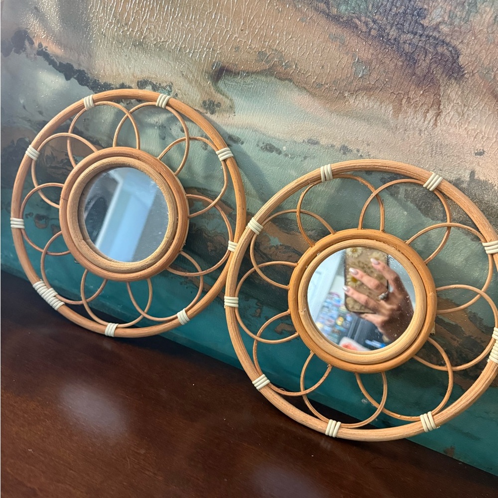 (2) Vintage  9.5” RATTAN Frame ROUND Swirls MIRROR Boho Style Vietnam
